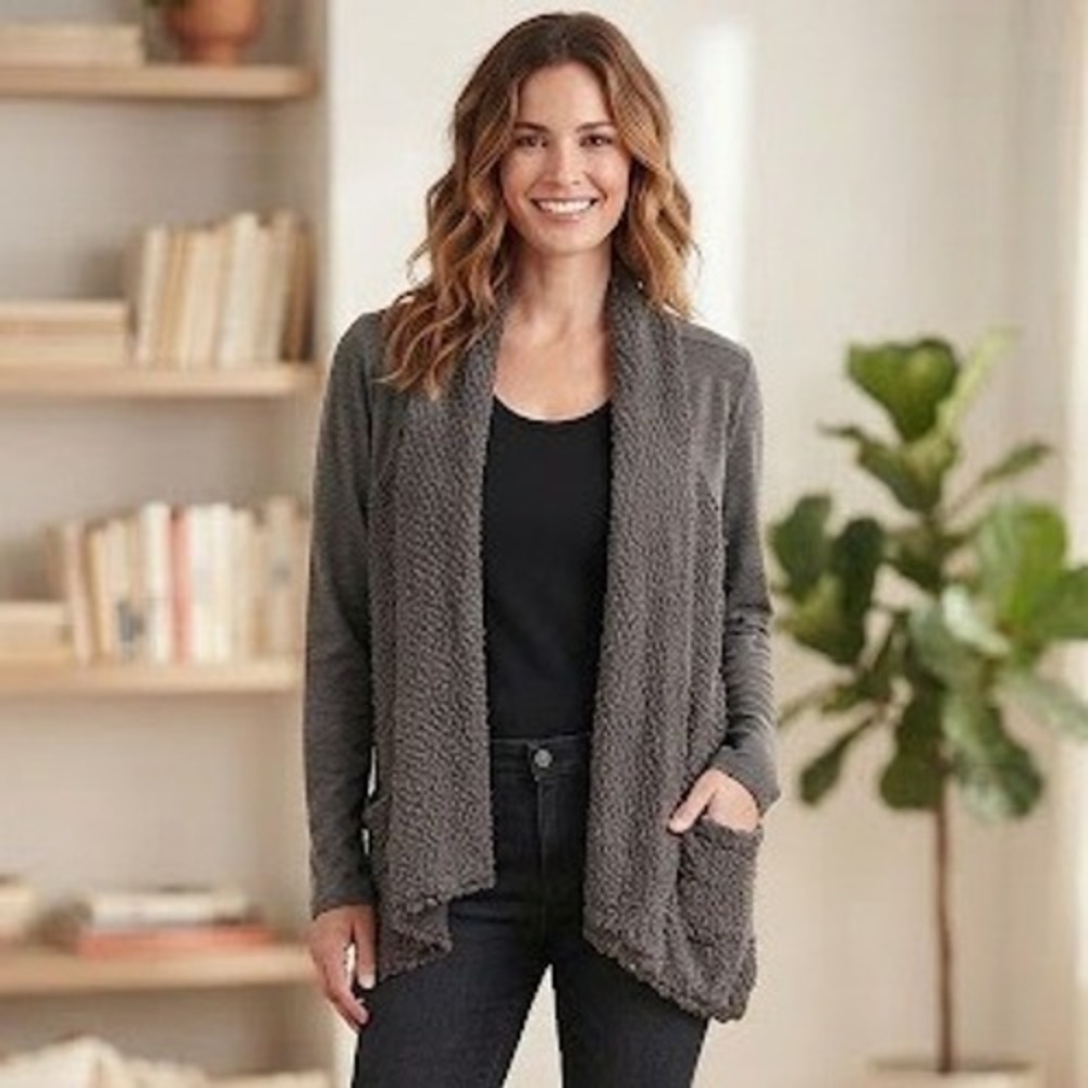 Lucky Brand Womens Gray Mixed Media Popcorn Knit Open Front Cardigan Large